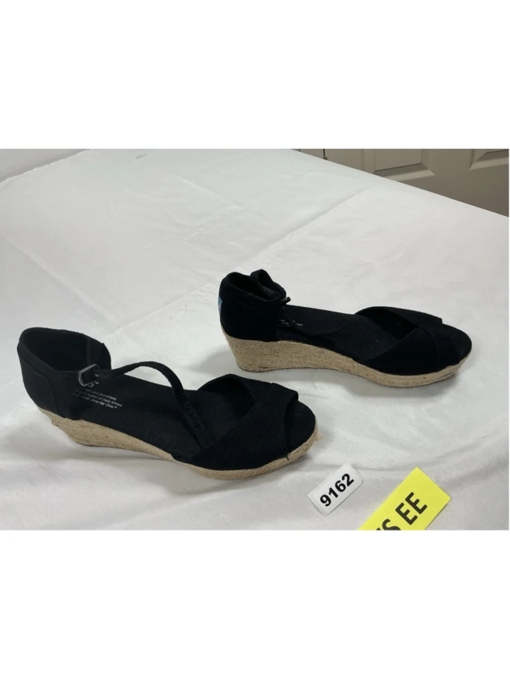 Womans Tom’s Espadrille Wedge Sandals Size 8.5 W Black Peep Toe